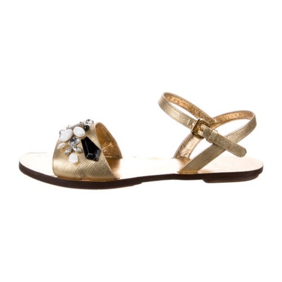 Prada Gold Leather Crystal Embellished Sandals - Picture 1 of 14
